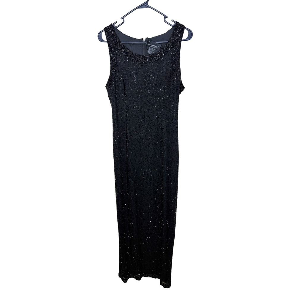 Laurence Kazar Black Beaded Sequin 100% Silk Maxi Dress Sleeveless Small‎ Gown
